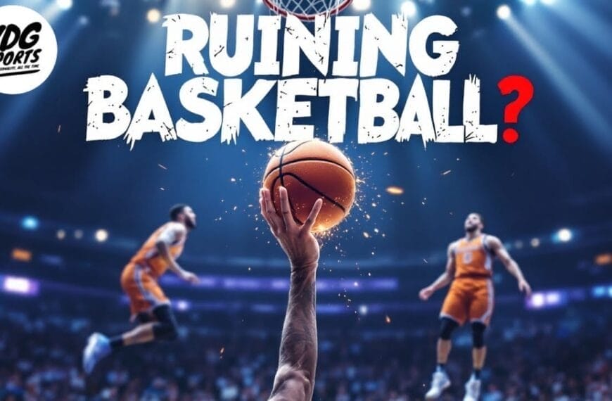 A basketball player’s arm reaches up to shoot a ball toward the hoop in a brightly lit arena, while two players in orange jerseys run in the background. Large white text reads “RUINING BASKETBALL?” with a red question mark, and Vince Douglas Gregory's VDG Sports logo appears top left.