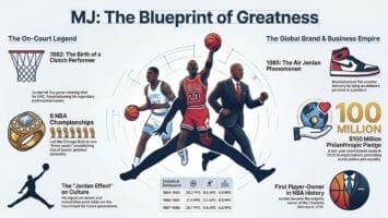 An infographic titled “MJ: The Blueprint of Greatness” showcases the Michael Jordan legacy with poses, rings, Air Jordans, charts, and icons highlighting his NBA titles, cultural impact, philanthropy, and ownership of an NBA team.