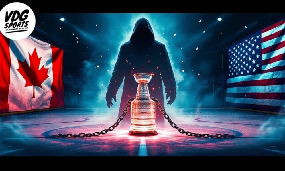 A hooded figure stands on an ice rink behind a trophy wrapped in chains, symbolizing a Stanley Cup drought. Two large flags are displayed: Canada's on the left and the United States' on the right. The dramatic scene is illuminated with blue and red lighting.