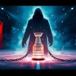 A hooded figure stands on an ice rink behind a trophy wrapped in chains, symbolizing a Stanley Cup drought. Two large flags are displayed: Canada's on the left and the United States' on the right. The dramatic scene is illuminated with blue and red lighting.