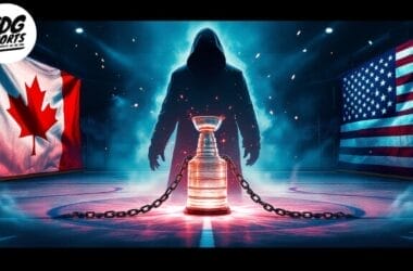 A hooded figure stands on an ice rink behind a trophy wrapped in chains, symbolizing a Stanley Cup drought. Two large flags are displayed: Canada's on the left and the United States' on the right. The dramatic scene is illuminated with blue and red lighting.