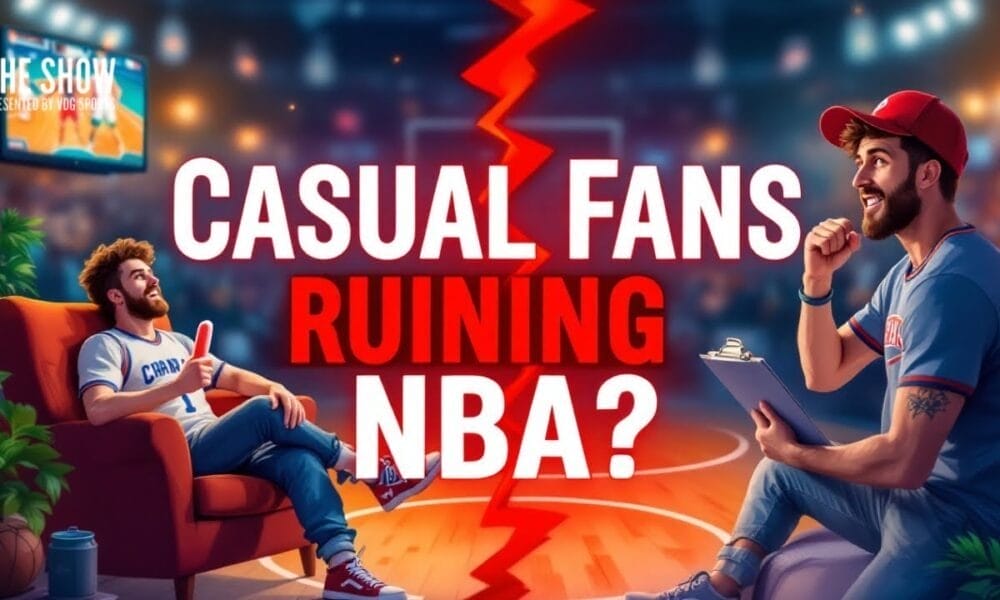 Two animated men sit on opposite sides with a basketball court between them. One, wearing a jersey and holding a basketball, stares at the other in casual clothes clutching papers. The text reads "Casual Fans or NBA Basketball Haters?" A lightning bolt divides the scene.