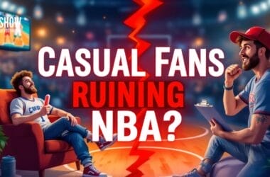 Two animated men sit on opposite sides with a basketball court between them. One, wearing a jersey and holding a basketball, stares at the other in casual clothes clutching papers. The text reads "Casual Fans or NBA Basketball Haters?" A lightning bolt divides the scene.