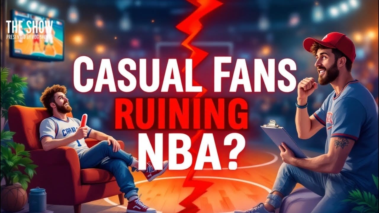 Two animated men sit on opposite sides with a basketball court between them. One, wearing a jersey and holding a basketball, stares at the other in casual clothes clutching papers. The text reads "Casual Fans or NBA Basketball Haters?" A lightning bolt divides the scene.