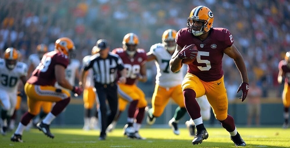 A football player in a red jersey and yellow pants dashes across the field with the ball, skillfully navigating NFL rules, as opposing team players chase him. In the background, a referee in a black and white striped shirt oversees the action, while an excited crowd watches the game.