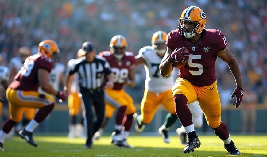 A football player in a red jersey and yellow pants dashes across the field with the ball, skillfully navigating NFL rules, as opposing team players chase him. In the background, a referee in a black and white striped shirt oversees the action, while an excited crowd watches the game.