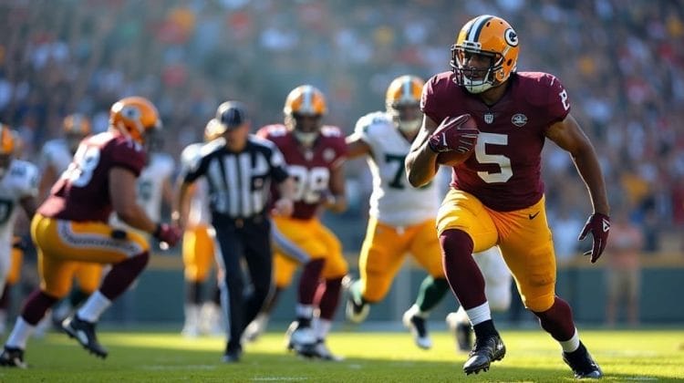 A football player in a red jersey and yellow pants dashes across the field with the ball, skillfully navigating NFL rules, as opposing team players chase him. In the background, a referee in a black and white striped shirt oversees the action, while an excited crowd watches the game.