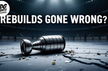 A hockey trophy lies on a cracked ice rink, symbolizing NHL team rebuilds. The background shows blurred figures and stadium seating. The text "REBUILDS GONE WRONG?" is prominently displayed above the trophy, with the VDG Sports logo in the top left corner.