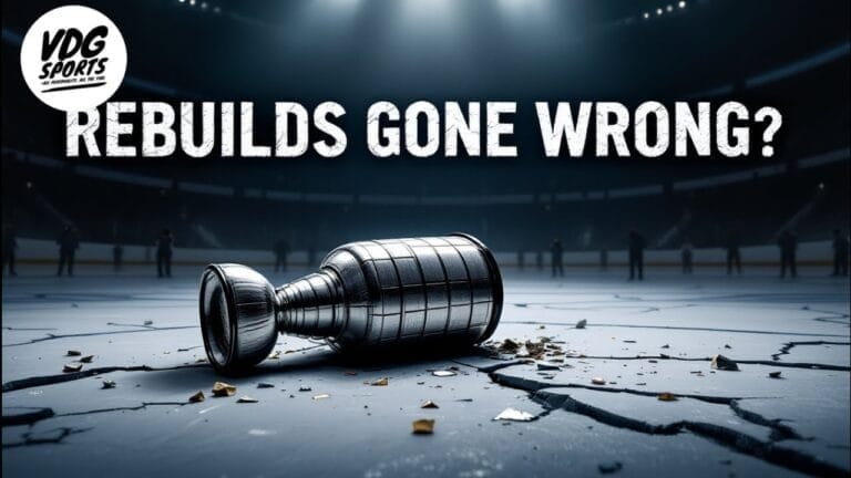 A hockey trophy lies on a cracked ice rink, symbolizing NHL team rebuilds. The background shows blurred figures and stadium seating. The text "REBUILDS GONE WRONG?" is prominently displayed above the trophy, with the VDG Sports logo in the top left corner.