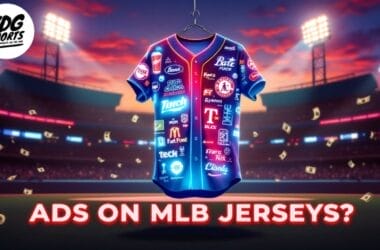 A baseball jersey hangs in a stadium, adorned with various company logos, symbolizing commercial sponsorships. Dollar bills float around, hinting at financial growth. Text below asks, "ADS ON MLB JERSEYS?" Stadium lights illuminate this scene of sports marketing.