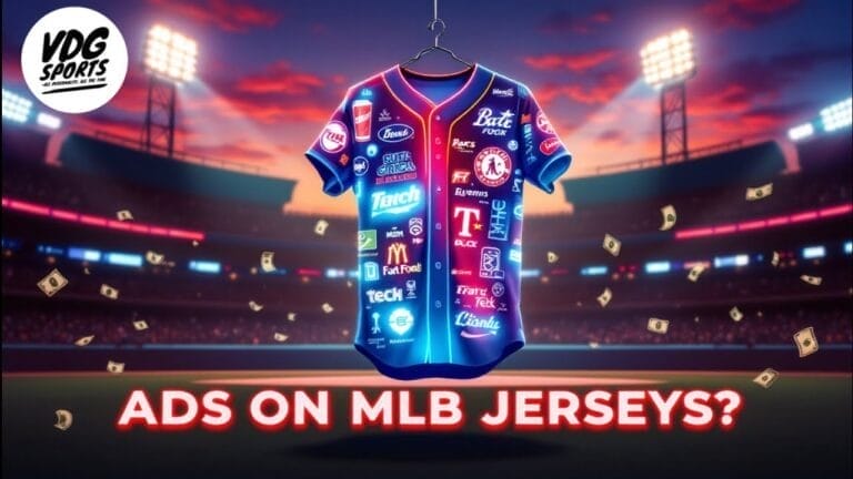 A baseball jersey hangs in a stadium, adorned with various company logos, symbolizing commercial sponsorships. Dollar bills float around, hinting at financial growth. Text below asks, "ADS ON MLB JERSEYS?" Stadium lights illuminate this scene of sports marketing.
