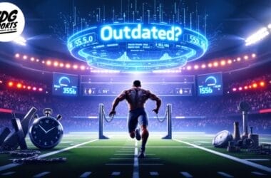 A muscular person runs on a futuristic sports field reminiscent of the NFL Combine, surrounded by oversized clocks and stopwatch imagery. Above, a digital display reads "Outdated?" with glowing lights enhancing the stadium atmosphere.