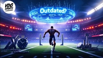 A muscular person runs on a futuristic sports field reminiscent of the NFL Combine, surrounded by oversized clocks and stopwatch imagery. Above, a digital display reads "Outdated?" with glowing lights enhancing the stadium atmosphere.