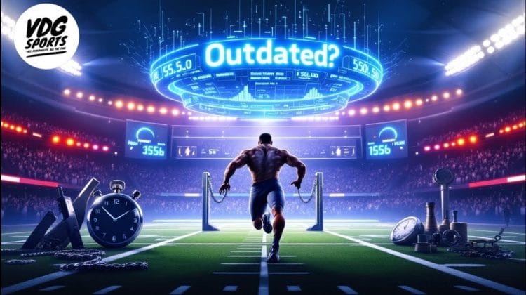A muscular person runs on a futuristic sports field reminiscent of the NFL Combine, surrounded by oversized clocks and stopwatch imagery. Above, a digital display reads "Outdated?" with glowing lights enhancing the stadium atmosphere.