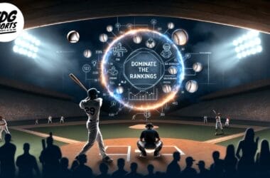 A baseball scene at a stadium under the lights showcases a batter poised at home plate, with the catcher and umpire nearby. Above, an illuminated circular graphic displays "Dominate the Rankings" encircled by baseball icons and numbers, embodying true MLB strategy.