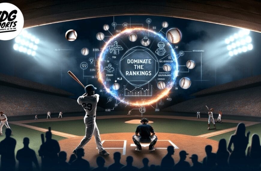 A baseball scene at a stadium under the lights showcases a batter poised at home plate, with the catcher and umpire nearby. Above, an illuminated circular graphic displays "Dominate the Rankings" encircled by baseball icons and numbers, embodying true MLB strategy.