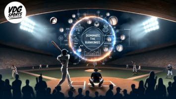 A baseball scene at a stadium under the lights showcases a batter poised at home plate, with the catcher and umpire nearby. Above, an illuminated circular graphic displays "Dominate the Rankings" encircled by baseball icons and numbers, embodying true MLB strategy.
