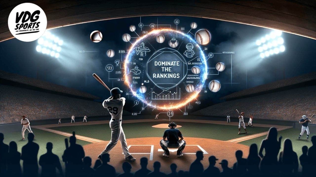 A baseball scene at a stadium under the lights showcases a batter poised at home plate, with the catcher and umpire nearby. Above, an illuminated circular graphic displays "Dominate the Rankings" encircled by baseball icons and numbers, embodying true MLB strategy.