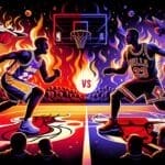 Illustrated basketball scene featuring two players in Lakers and Bulls jerseys on a court with a flaming backdrop. Audience silhouettes watch the action. Bold "VS" in the center emphasizes the competitive theme.