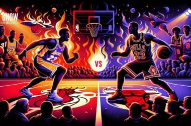 Illustrated basketball scene featuring two players in Lakers and Bulls jerseys on a court with a flaming backdrop. Audience silhouettes watch the action. Bold "VS" in the center emphasizes the competitive theme.