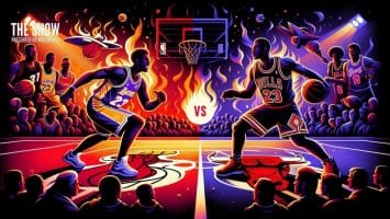 Illustrated basketball scene featuring two players in Lakers and Bulls jerseys on a court with a flaming backdrop. Audience silhouettes watch the action. Bold "VS" in the center emphasizes the competitive theme.