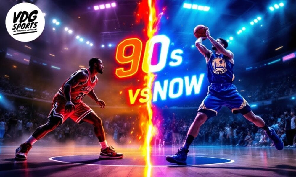 A basketball player in a red jersey faces off against a player in blue on the court. The scene, split by "90s vs Now" text, playfully nods to debates over the worst NBA era. Lights and audience animate the background, while the VDG Sports logo graces the top left corner.