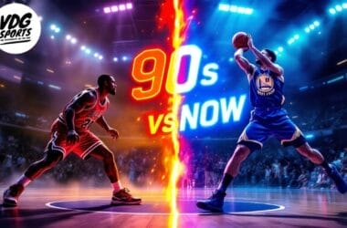 A basketball player in a red jersey faces off against a player in blue on the court. The scene, split by "90s vs Now" text, playfully nods to debates over the worst NBA era. Lights and audience animate the background, while the VDG Sports logo graces the top left corner.