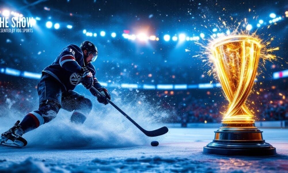 A hockey player in dark uniform skates swiftly on an ice rink, kicking up snow with the skates. A large, glowing World Cup of Hockey trophy stands prominently on the right. Bright arena lights illuminate the scene with an audience in the background.