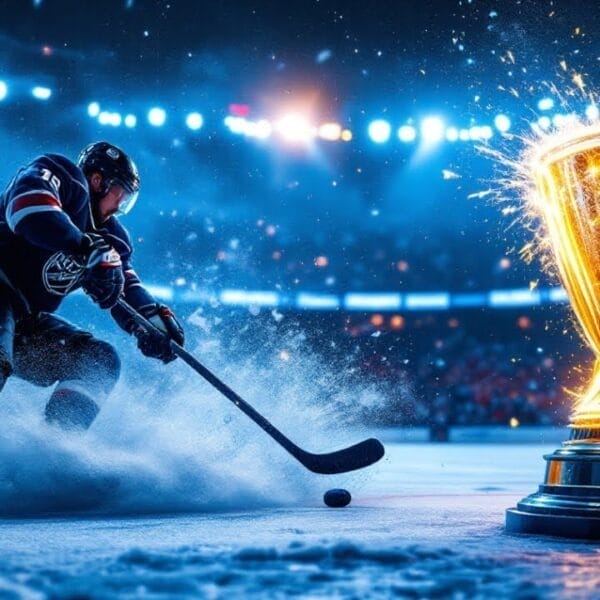 A hockey player in dark uniform skates swiftly on an ice rink, kicking up snow with the skates. A large, glowing World Cup of Hockey trophy stands prominently on the right. Bright arena lights illuminate the scene with an audience in the background.