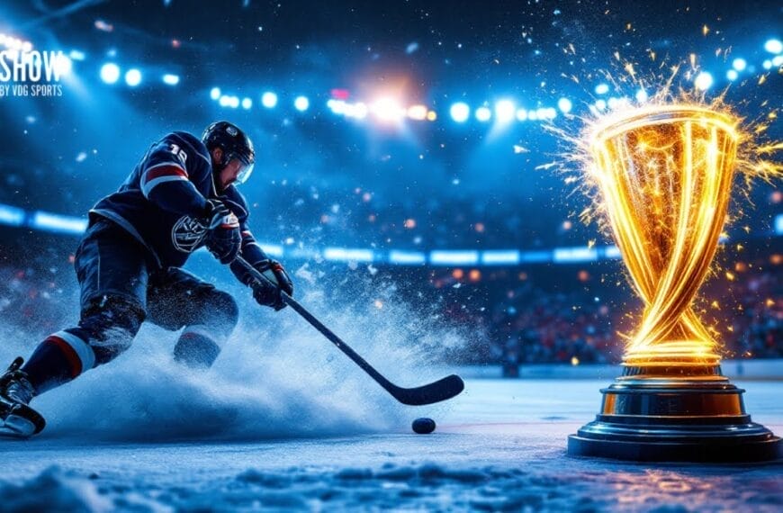 A hockey player in dark uniform skates swiftly on an ice rink, kicking up snow with the skates. A large, glowing World Cup of Hockey trophy stands prominently on the right. Bright arena lights illuminate the scene with an audience in the background.