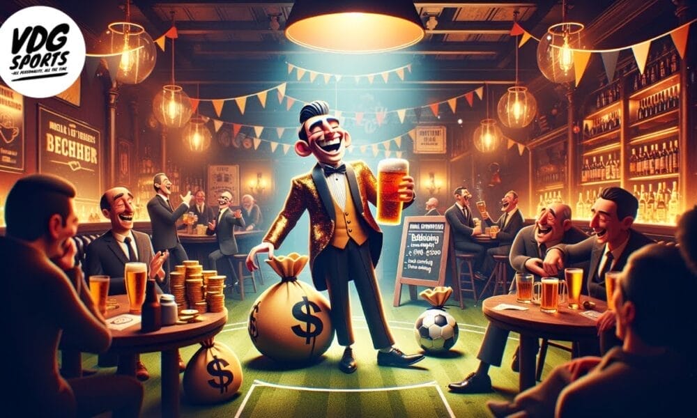 A man in a golden suit stands holding a beer inside a lively bar. Surrounded by cheering people, bags with dollar signs, and a soccer ball, he symbolizes foolish football spending. The atmosphere is festive with banners and lights as the sign displays a betting message.