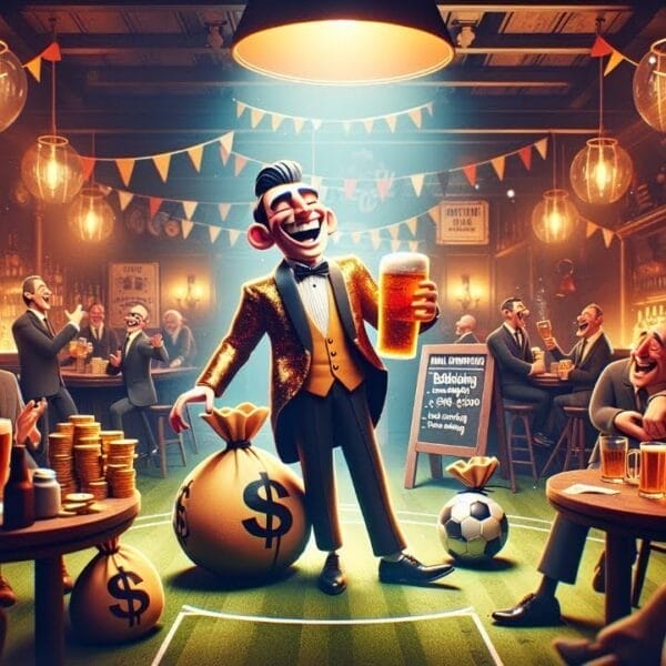 A man in a golden suit stands holding a beer inside a lively bar. Surrounded by cheering people, bags with dollar signs, and a soccer ball, he symbolizes foolish football spending. The atmosphere is festive with banners and lights as the sign displays a betting message.