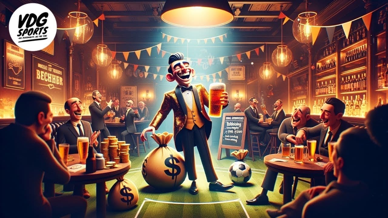 A man in a golden suit stands holding a beer inside a lively bar. Surrounded by cheering people, bags with dollar signs, and a soccer ball, he symbolizes foolish football spending. The atmosphere is festive with banners and lights as the sign displays a betting message.