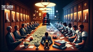 A dramatic scene splits a long table: on one side, suited men with trophies and piles of cash from the NCAA plan; on the other, dejected college football players in uniform with empty hands and books. A man in a suit sits on a throne at the head, overseeing both sides.