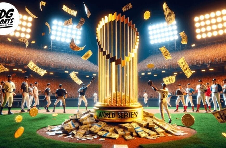 A gleaming gold World Series trophy surrounded by flying money on a baseball field highlights the impact of the MLB luxury tax. Baseball players are visible in the background under bright stadium lights. The VDG Sports logo is displayed in the top left corner.