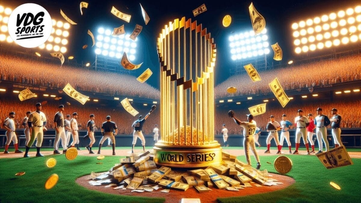 A gleaming gold World Series trophy surrounded by flying money on a baseball field highlights the impact of the MLB luxury tax. Baseball players are visible in the background under bright stadium lights. The VDG Sports logo is displayed in the top left corner.
