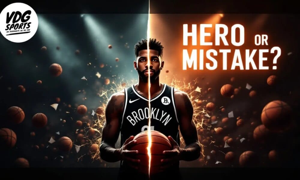 A basketball player in a Brooklyn jersey stands centered with a basketball, embodying the essence of an NBA Most Valuable Player. The image is split; left side cool-toned, right warm-toned. Text reads, "Hero or Mistake?" with the VDG Sports logo in the top left corner.