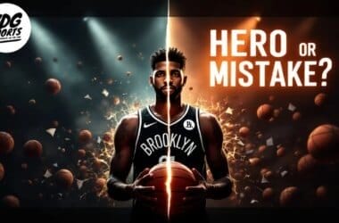 A basketball player in a Brooklyn jersey stands centered with a basketball, embodying the essence of an NBA Most Valuable Player. The image is split; left side cool-toned, right warm-toned. Text reads, "Hero or Mistake?" with the VDG Sports logo in the top left corner.