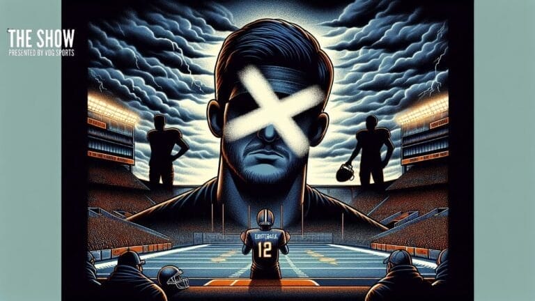 Illustrated image of a football player wearing jersey number 12, standing on the field as the new offensive play caller. The background reveals two shadowed figures. The central player's face is marked by a white 'X,' while dark storm clouds loom ominously above.