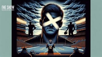 Illustrated image of a football player wearing jersey number 12, standing on the field as the new offensive play caller. The background reveals two shadowed figures. The central player's face is marked by a white 'X,' while dark storm clouds loom ominously above.