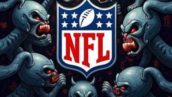 Illustration of the NFL logo surrounded by eight stylized, menacing creatures with sharp teeth and glowing eyes. Their confrontational stance mirrors the intensity analytics in the NFL bring to every game, creating a dramatic and intense atmosphere.