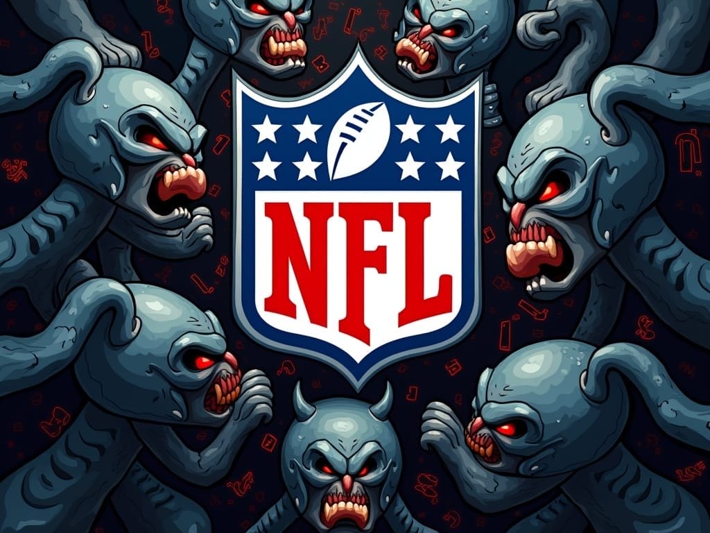 Illustration of the NFL logo surrounded by eight stylized, menacing creatures with sharp teeth and glowing eyes. Their confrontational stance mirrors the intensity analytics in the NFL bring to every game, creating a dramatic and intense atmosphere.