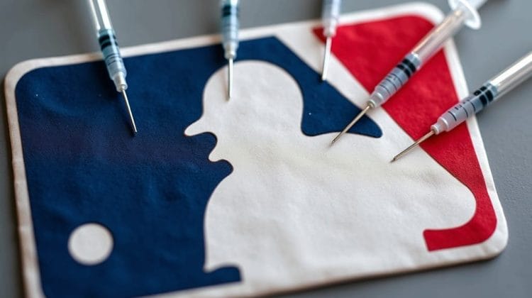 A Major League Baseball logo lies flat, surrounded by six syringes pointing toward it. This image symbolizes the deep connection to MLB controversies, reflecting hot-button issues in the sport. The syringes are evenly spaced around the iconic batter silhouette and baseball emblem.