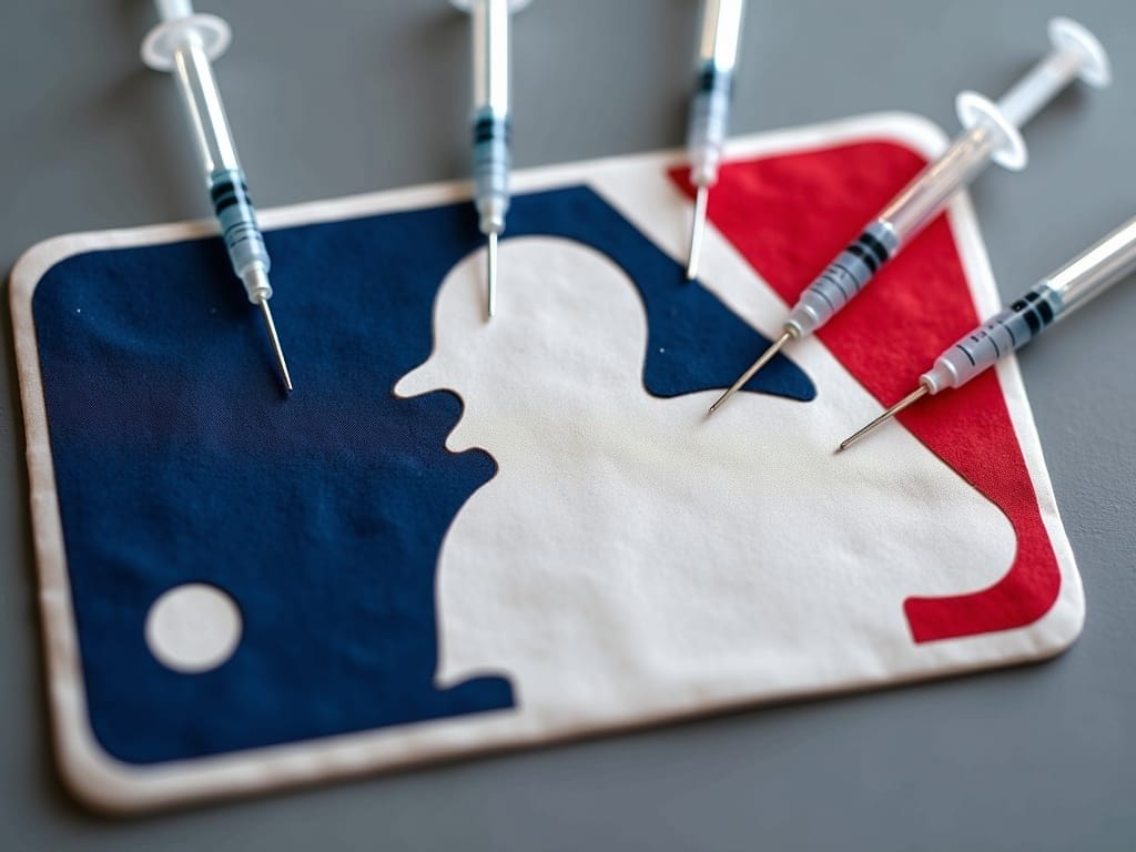 A Major League Baseball logo lies flat, surrounded by six syringes pointing toward it. This image symbolizes the deep connection to MLB controversies, reflecting hot-button issues in the sport. The syringes are evenly spaced around the iconic batter silhouette and baseball emblem.