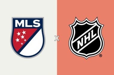 Split image showcasing viewership titans: the MLS logo shines with stars on a blue and red shield on the left, while the NHL logo displays a black and white shield with "NHL" text on the right. A bold white "X" unites both sports emblems at the center.