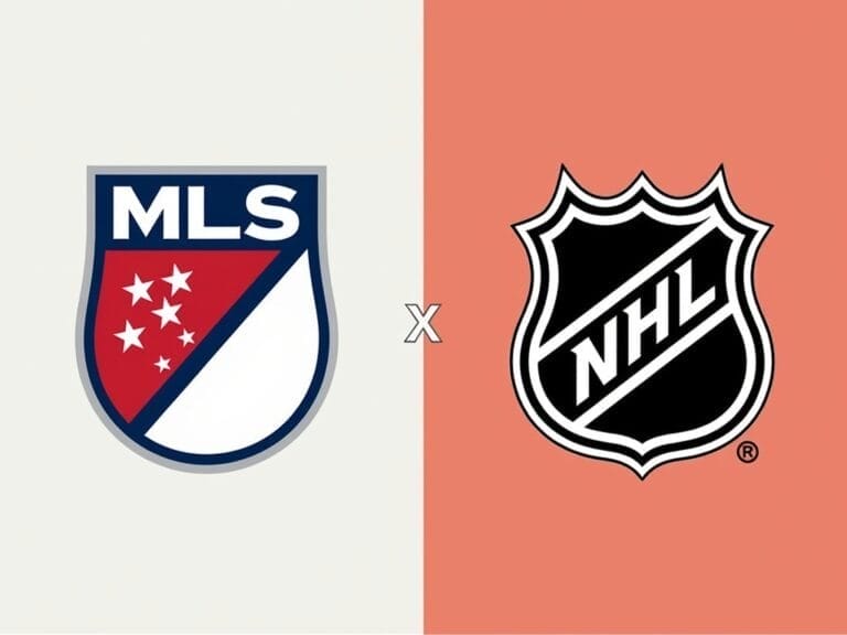 Split image showcasing viewership titans: the MLS logo shines with stars on a blue and red shield on the left, while the NHL logo displays a black and white shield with "NHL" text on the right. A bold white "X" unites both sports emblems at the center.