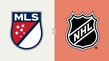 Split image showcasing viewership titans: the MLS logo shines with stars on a blue and red shield on the left, while the NHL logo displays a black and white shield with "NHL" text on the right. A bold white "X" unites both sports emblems at the center.