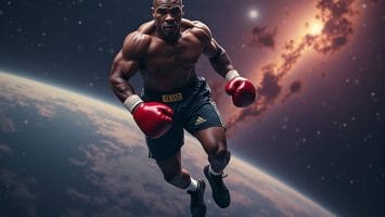 A muscular boxer, reminiscent of controversial sports legends, wearing red gloves and dark shorts floats in space. Positioned above a planet with a bright galaxy and stars, the scene intriguingly merges elements of athletic triumph and cosmic wonder.