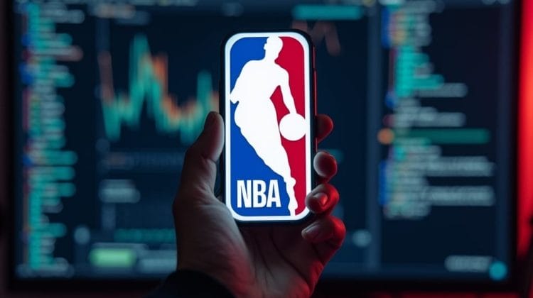 A hand holds a smartphone displaying the NBA logo, set against a dark background. In the background, a computer monitor illuminated by red and blue lighting showcases financial graphs and data, hinting at insights into NBA player performance.