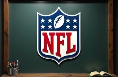 A chalkboard with the NFL logo in the center, framed by wood, hints at strategy. In the bottom left corner, a tin can brims with colored pencils for charting NFL analytics. To the right, an open notebook lies ready for insights and data-driven playbooks.